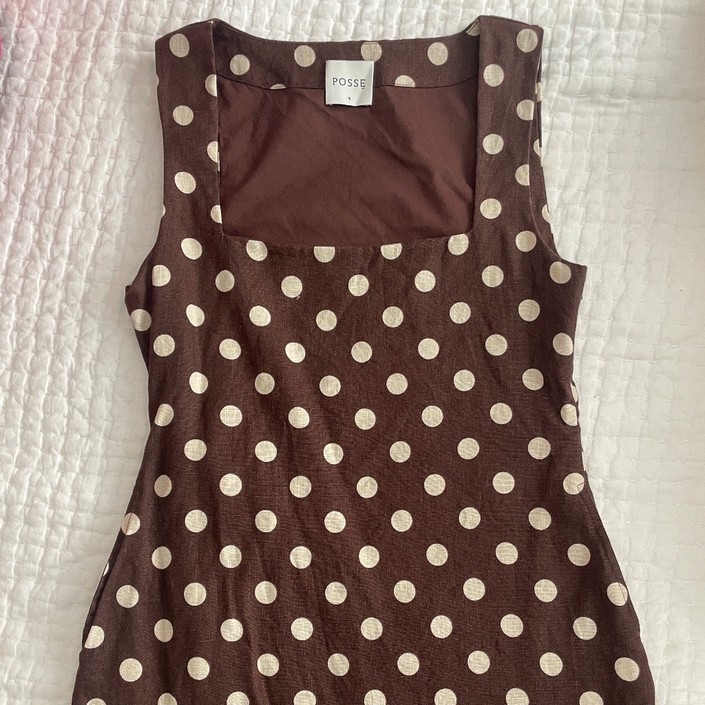Posse Alice brown polka dot linen dress size smal